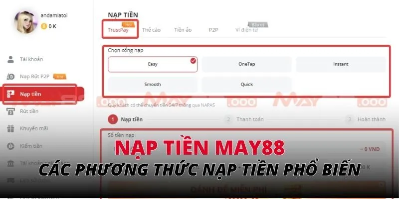 Danh sách các phương thức nạp tiền MAY88 phổ biến